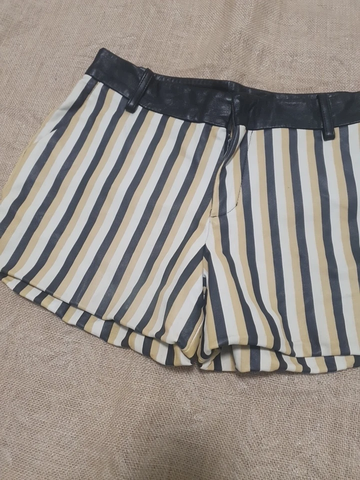 EACH X OTHER PARIS Size S approx 10 Lamb Leather Black Cream Striped Shorts - image 2 of 4