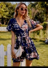Brand New Navy Blue Floral Butterfly Sleeve Belt Dress Uk 8-12