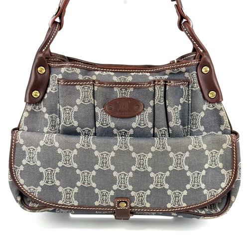 CELINE Paris Macadam Shoulder bag Denim Brown Indigo Vintage Authentic