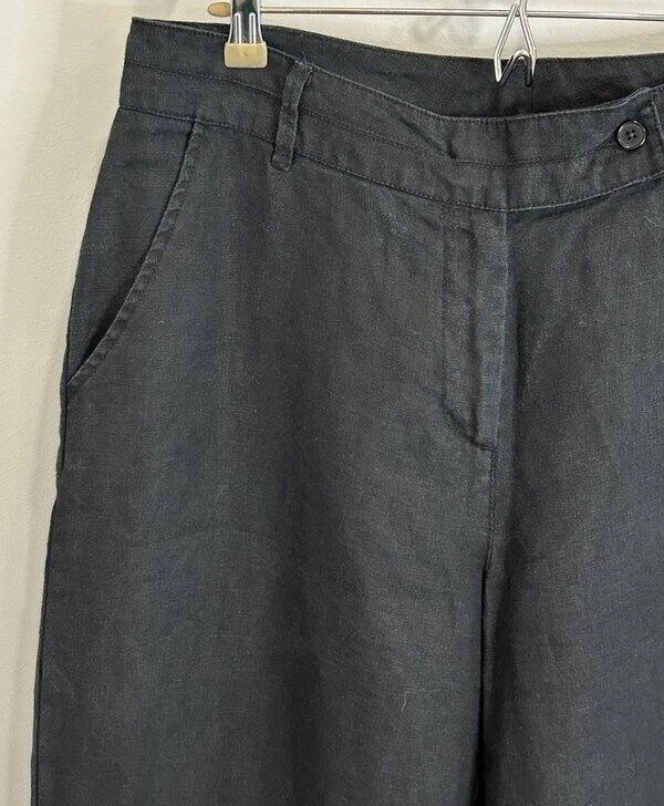 长高 Sally 女式 100% 亚麻阔腿裤黑色 33 英寸内缝 10 码 — 第 2/4 张图片