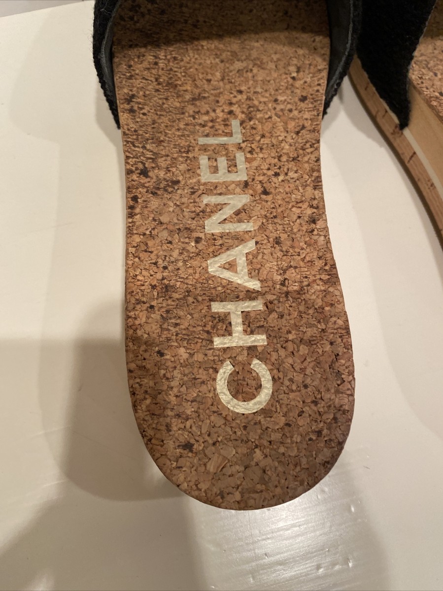 Chanel 20P Black Beige Patent CC Logo Cork Mule Slide Platform Sandal Wedge  37