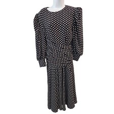 Vintage 80s Blouson Midi Dress Womens S Navy Blue Polka Dot Long Drop Waist