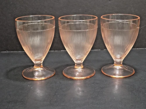 3 Jeannette Glass Homespun Fine Rib Pink Depression Banded 4" Juice Tumblers