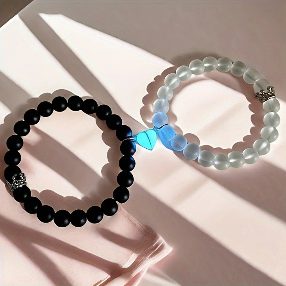 2Pcs Couples Bracelets Luminous Heart Magnet Lovers His Hers Couple Bracelets - Image 2 of 4