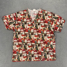 Peaches Scrub Shirt Women Medium Red White Christmas Snowman Medical V Neck