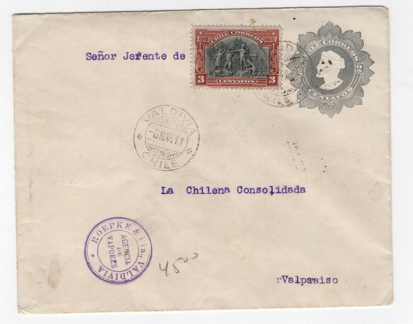 CHILE 1911 Steamship company VALDIVIA scarce cachet