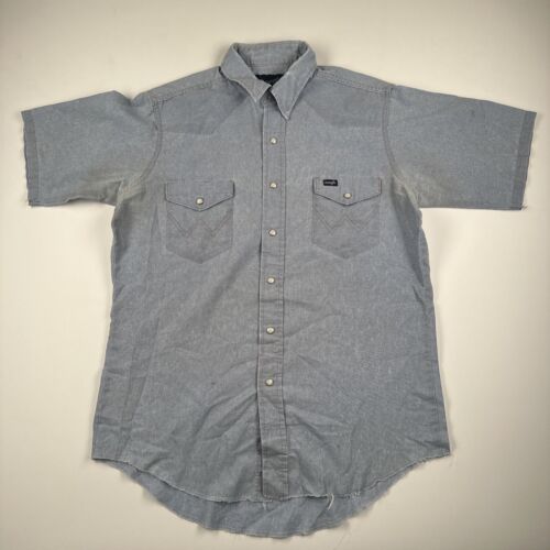 Vintage Wrangler Pearl Snap Shirt Medium Blue Western Short Sleeve - Picture 1 of 7