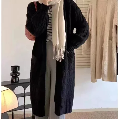 Women Long Cardigan Coat With Pockets Winter Sweater Jacket Ribbed Overcoat - Picture 13 of 21