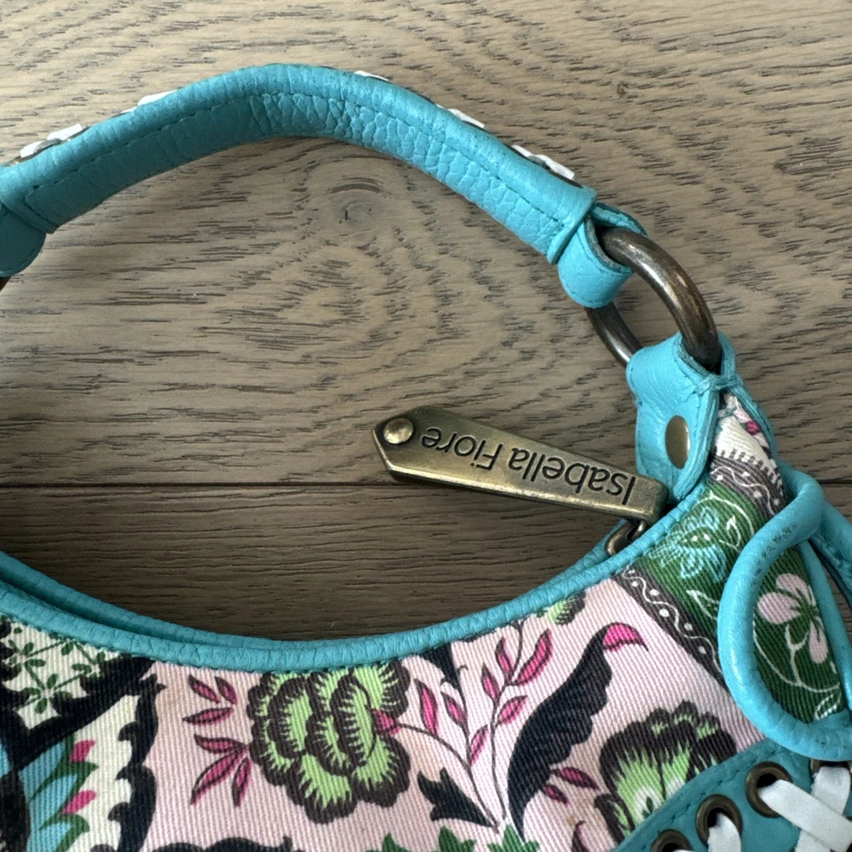 Bolso hobo pequeño vintage Isabella Fiore floral de lona y cuero turquesa con cordones Foto 3 de 4
