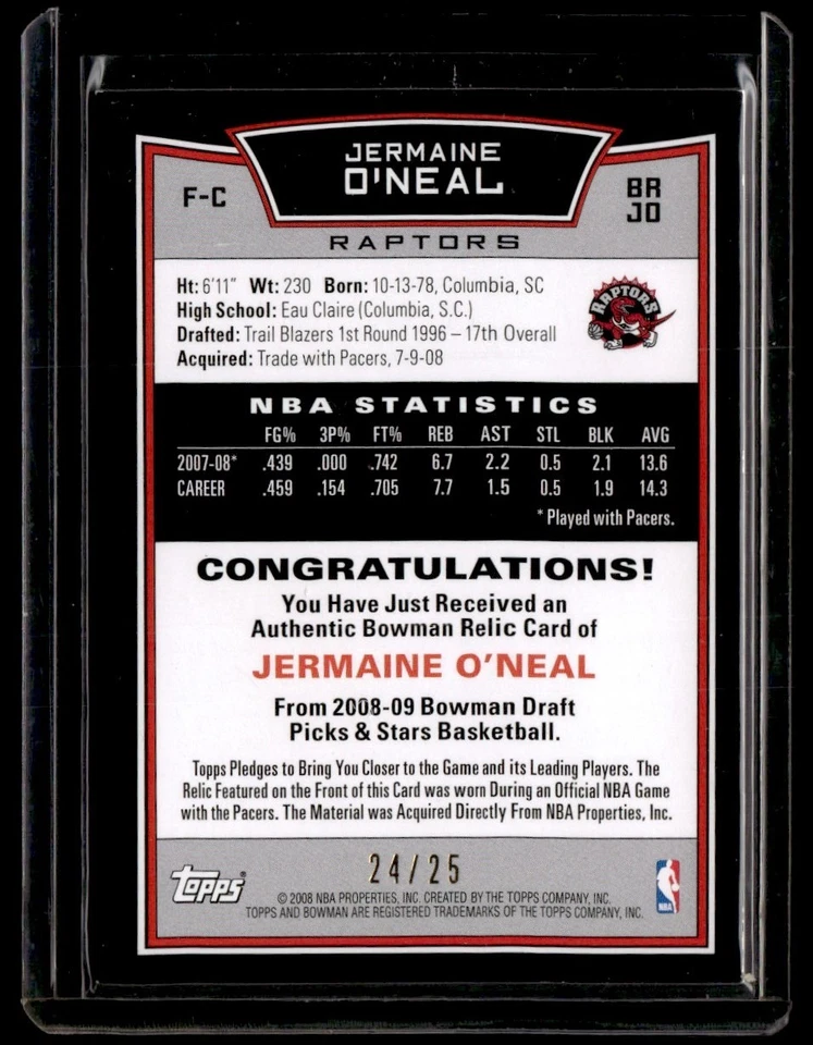 2008-09 Bowman Relic Orange Jermaine O'Neal 24/25 Toronto Raptors #BR-JO - Image 2 of 2