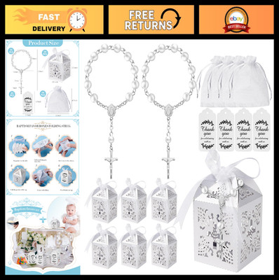 100-Piece Baptism Favor Set - Mini Rosary Favors, Favor Boxes, Organza Bags & Ta