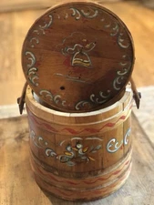 Primitive Wood FIRKIN Salt Bucket Hand Painted Dutch Dancing w/Lid 10” Vintage