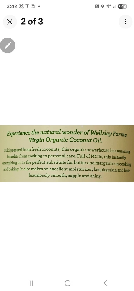 Wellsley Farms Virgin Coconut Oil Cold-Pressed 100% USDA Organic, 54 FL OZ - Image 3 of 3