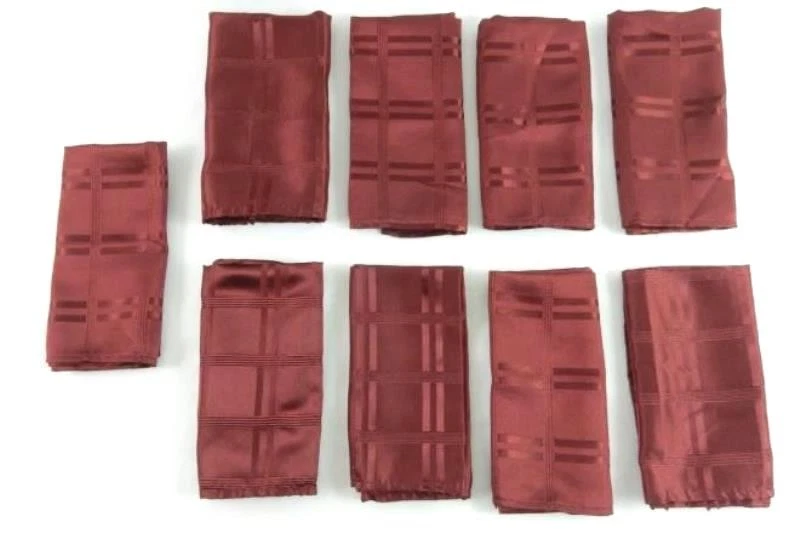Burgundy Red Satin Tablecloth & 9 Matching Napkins Set, Checkered Plaid - Image 2 of 4