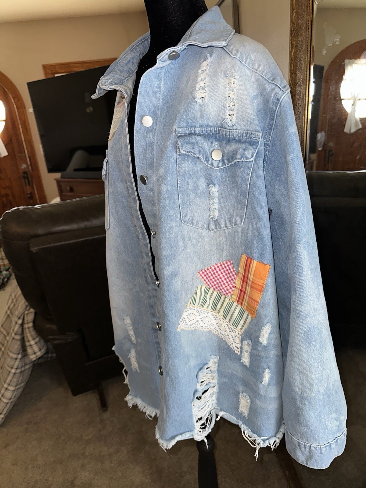 Upcycled Patchwork Appliqué Distressed Denim Jack… - image 7