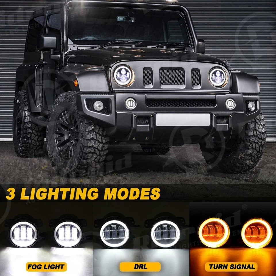 7'' inch LED Headlights+4'' Fog Lights Kits Combo For Jeep Wrangler JK 2007-2018 Foto 4 de 4