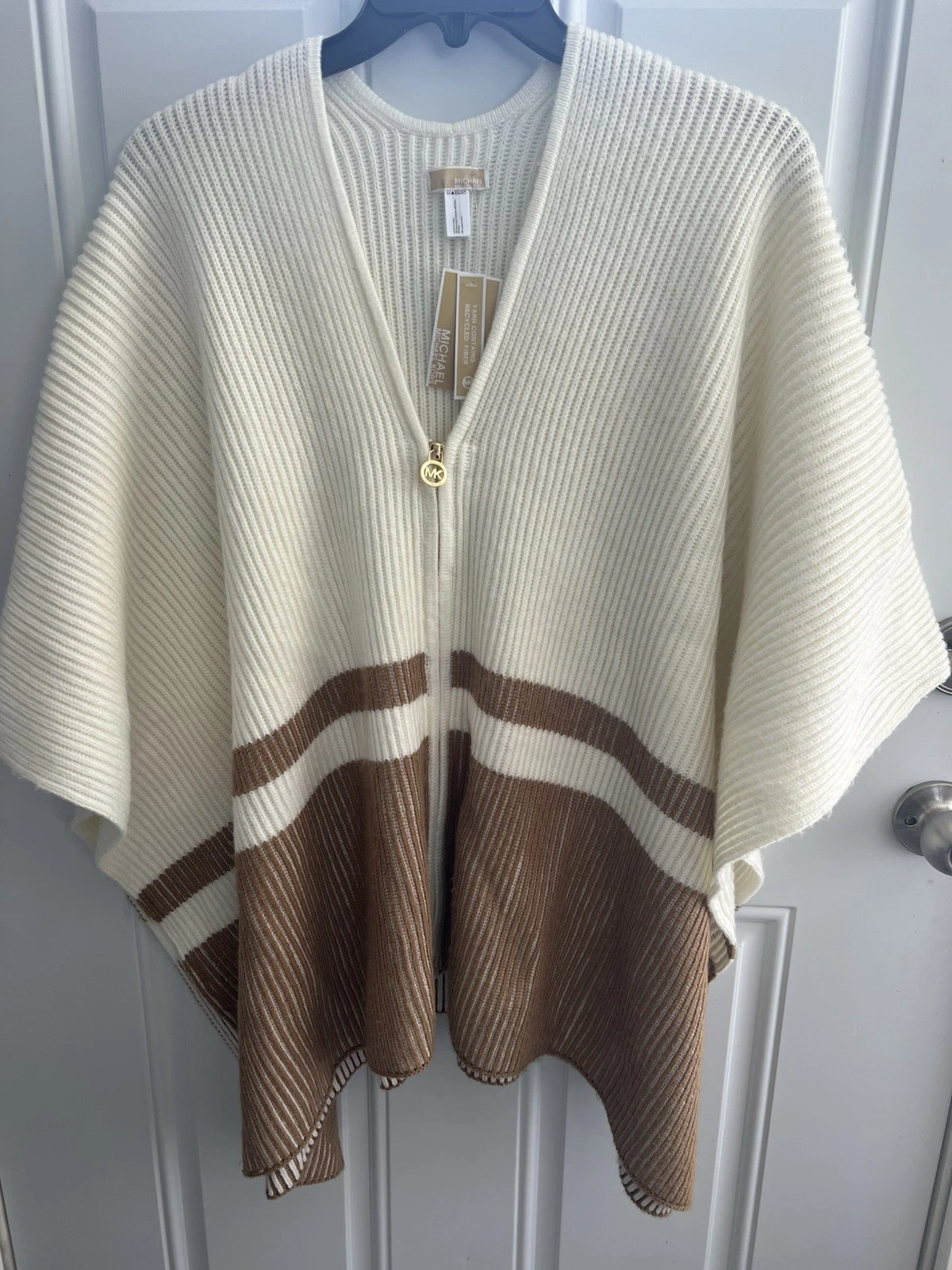 NWT Michael Kors Women's Fisherman Rib Poncho Cream Tan Zip Knit One Size Chic