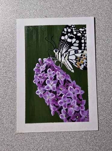 Aceo Original Art Card Hinzpeter_Art Butterfly Purple Lilac Flowers Acrylic