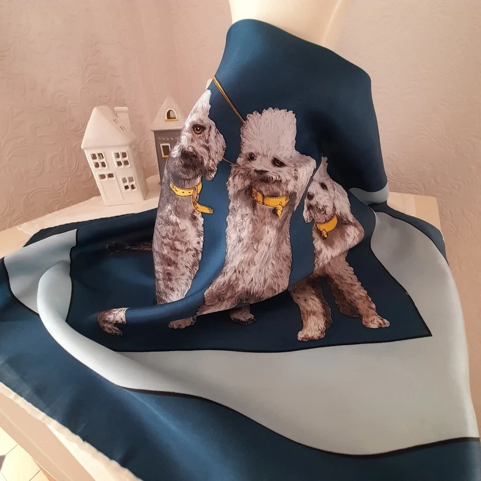 Vintage 1950s Poodle Scarf Acetate Hand Rolled Stitched Blue & Yellow 26" Square - Image 4 of 4