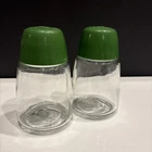 Vtg 1970s Federal Housewares Salt Pepper Shakers Glass Avocado Green Lids MCM