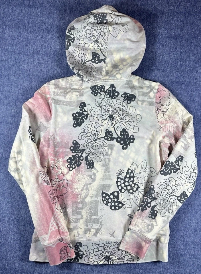 Y2K Lucky Brand Hoodie Womens Medium Pink Gray Japanese Floral Full Zip Jacket - Image 3 of 4