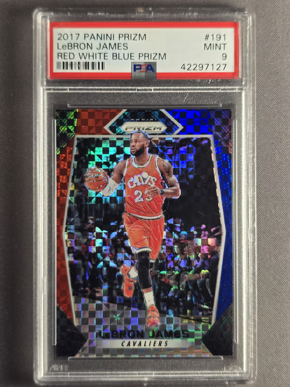 2017-18 Panini Prizm #191 LeBron James Red White Blue Prizm PSA 9 view 1