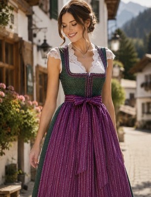 Julia Trentini premium dirndl size 34 green/purple 100% cotton Oktoberfest  810 NP