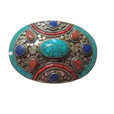 Oval Belt Buckle Inlaid Stones Turquoise Coral Lapis Tibetan Silver 1 5/8" Belt