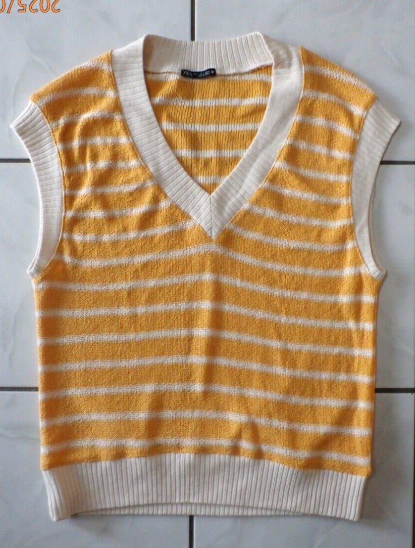 Zara Oversized Striped Knit Sweater Vest V Neck Yellow Size S G875