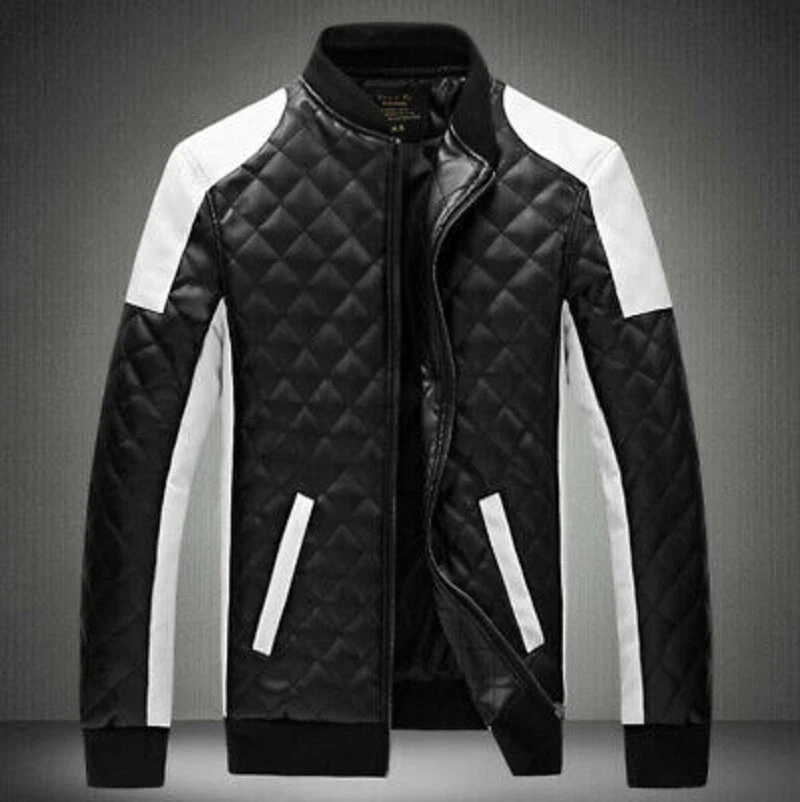 NOORA Men's Black/White Bomber Real Lambskin Leather Motorcyle Quilted Jacket