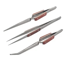 Set of 3 Fiber Grip Tweezers Cross Locking & Straight Soldering Tweezer Jewelers