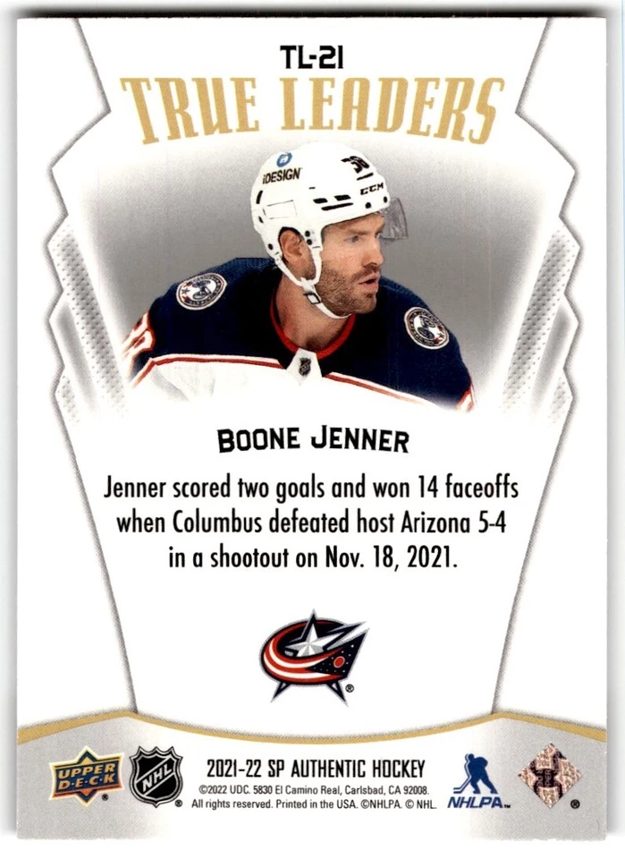 2021-22 SP Authentic True Leaders Boone Jenner #TL-21 - Image 2 of 2