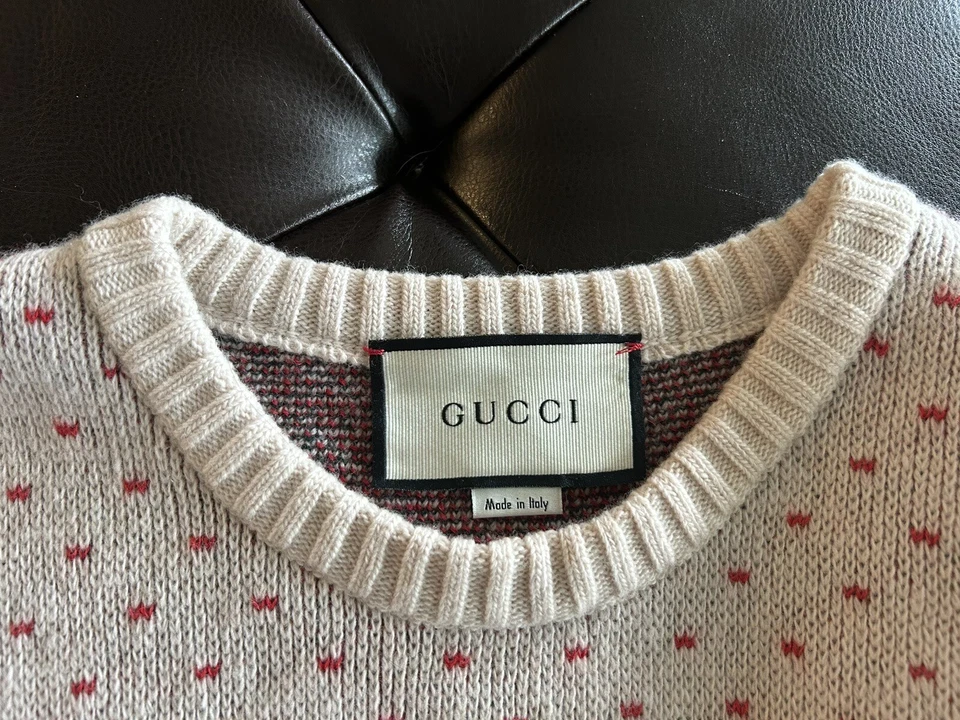 Suéter de Lana GUCCI Crema Rojo Isla Justa Logotipo Cresta Serpiente Para Hombre Talla S Foto 3 de 4