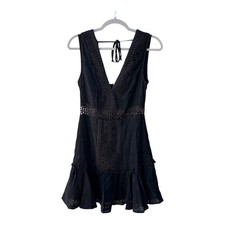 Mi ami Black Flutter Deep V neck Crocheted Mini Lined Dress WM SZ Small