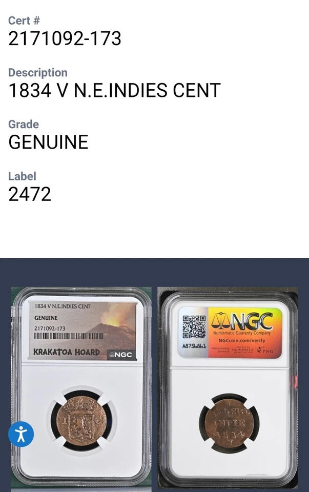Centavo de las Indias Neerlandesas 1834 - NGC genuino - tesoro de erupción volcánica Krakatoa Foto 3 de 3