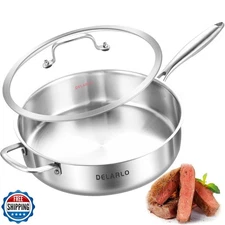 DELARLO Tri-Ply Stainless Steel 7QT Jumbo Cooker Saute Pan With Lid, 12.5 Inc