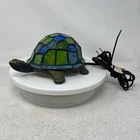 Vintage Tiffany Style Green Blue Stained Glass Tortoise Turtle Lamp Metal RARE