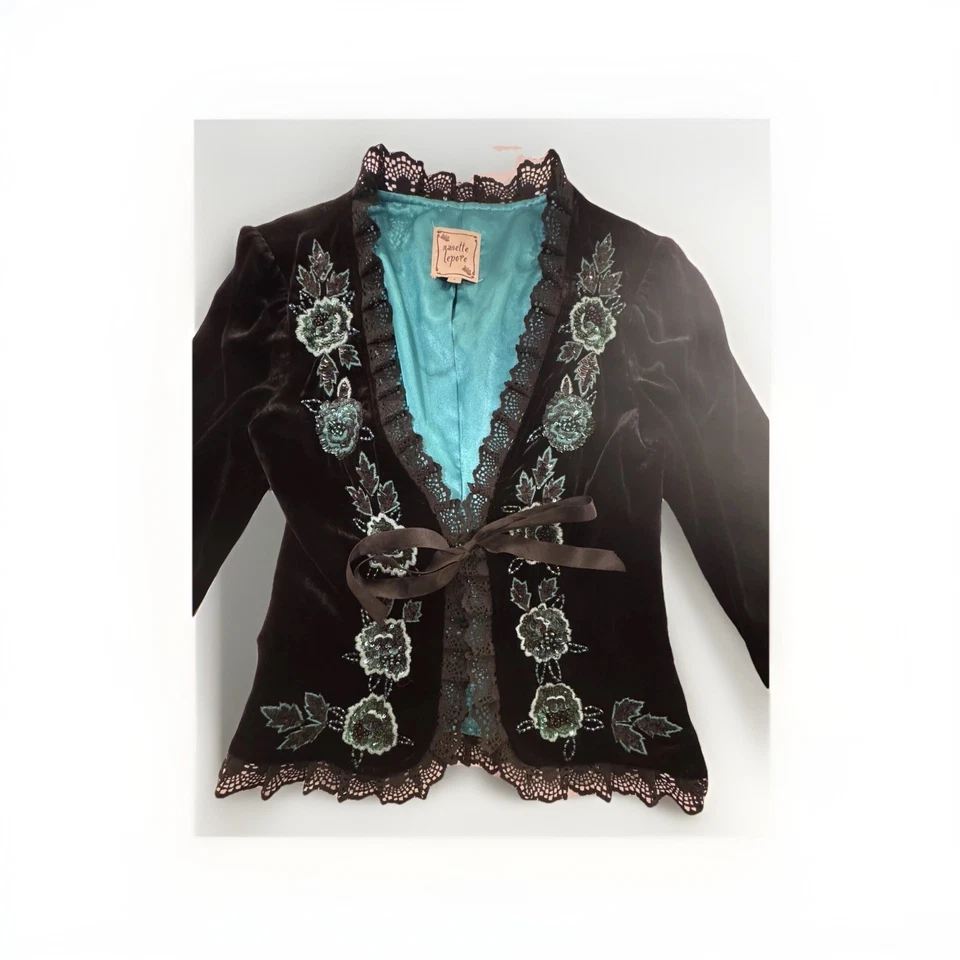 Abrigo Corto De Colección NANETTE LEPORE Mujer Con Cuentas Forrado de Seda Talla 2 Terciopelo Vacaciones Foto 2 de 4