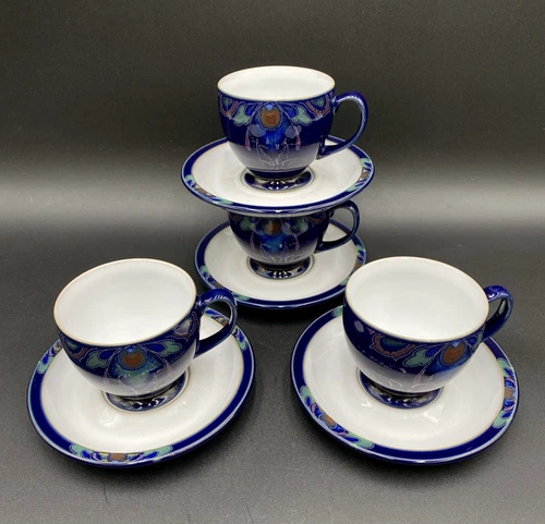 4x DENBY Baroque England Footed Tea Coffee Cups & Saucers Cobalt Blue Flower