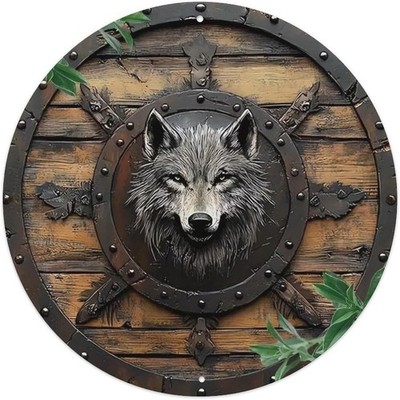 Viking Wolf Shield Vintage Round Tin Metal Signs Home Décor 8x8 