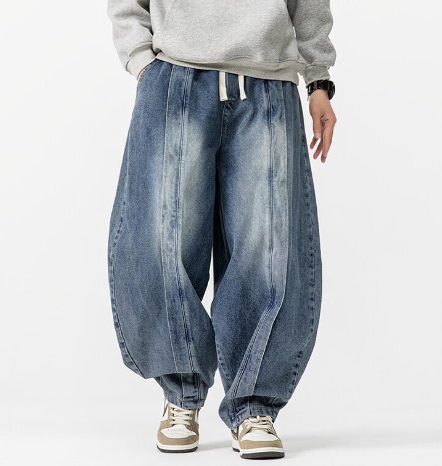 Pantalones de mezclilla para hombre azules negros harén calce suelto informales punk hippie