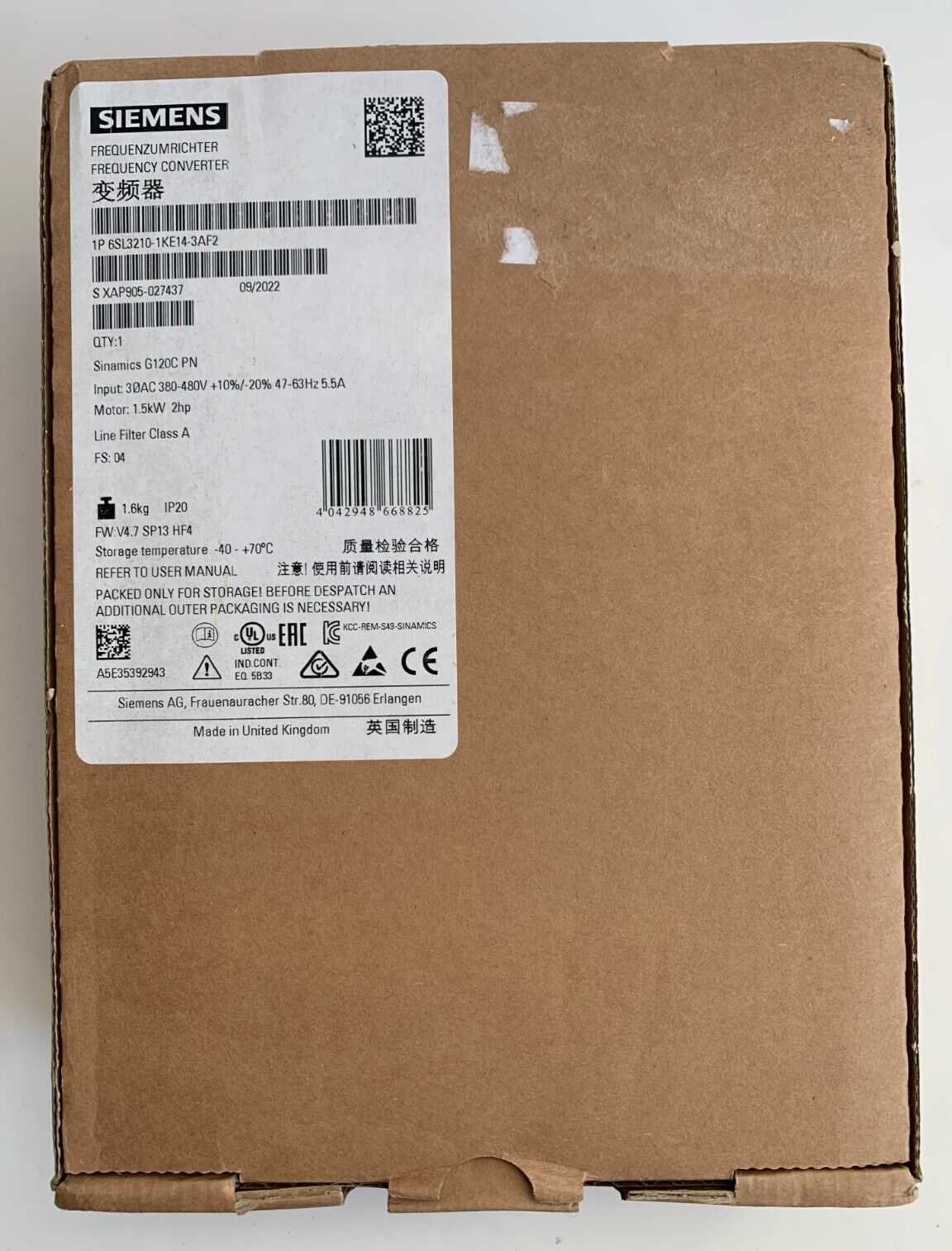SIEMENS SINAMICS 6SL3210-1KE14-3AF2 Invert Drive 1.5kW 4.5A 5.5A 2HP 3Phase 400V