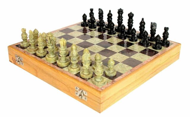 12" x 12" Stone Chess Board with Wooden Base & Stone Chess Pieces