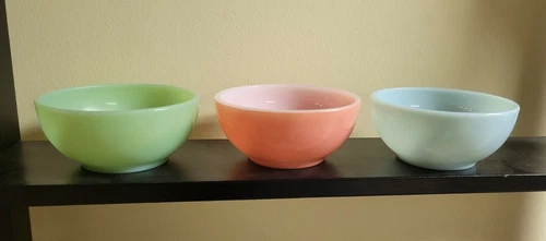 3 FIRE KING PINK, JADEITE, BLUE 5" CHILI BOWLS