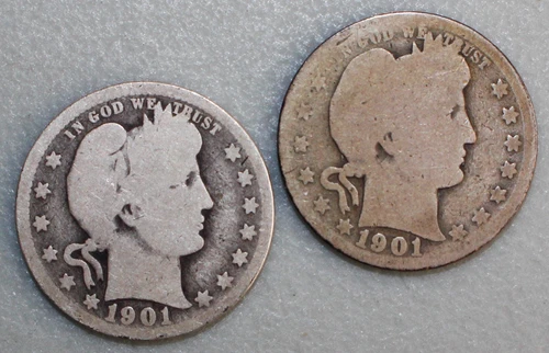 1901 & 1901 O Silver Barber Quarters 25c US Type Coins Almost Good Circulated