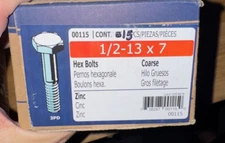 1/2 -13 X 7 Zinc Plated Grade 2 / 00115 Steel Coarse Thread Hex Bolts (15 Pcs)