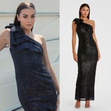 Mac Duggal Ieena NEW Black Sequined Bow One Shoulder Column Gown - Size 14