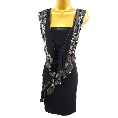 12 UK KAREN MILLEN schwarz Seide Perlen Art Deco Downton Gladiator Flapper Kleid