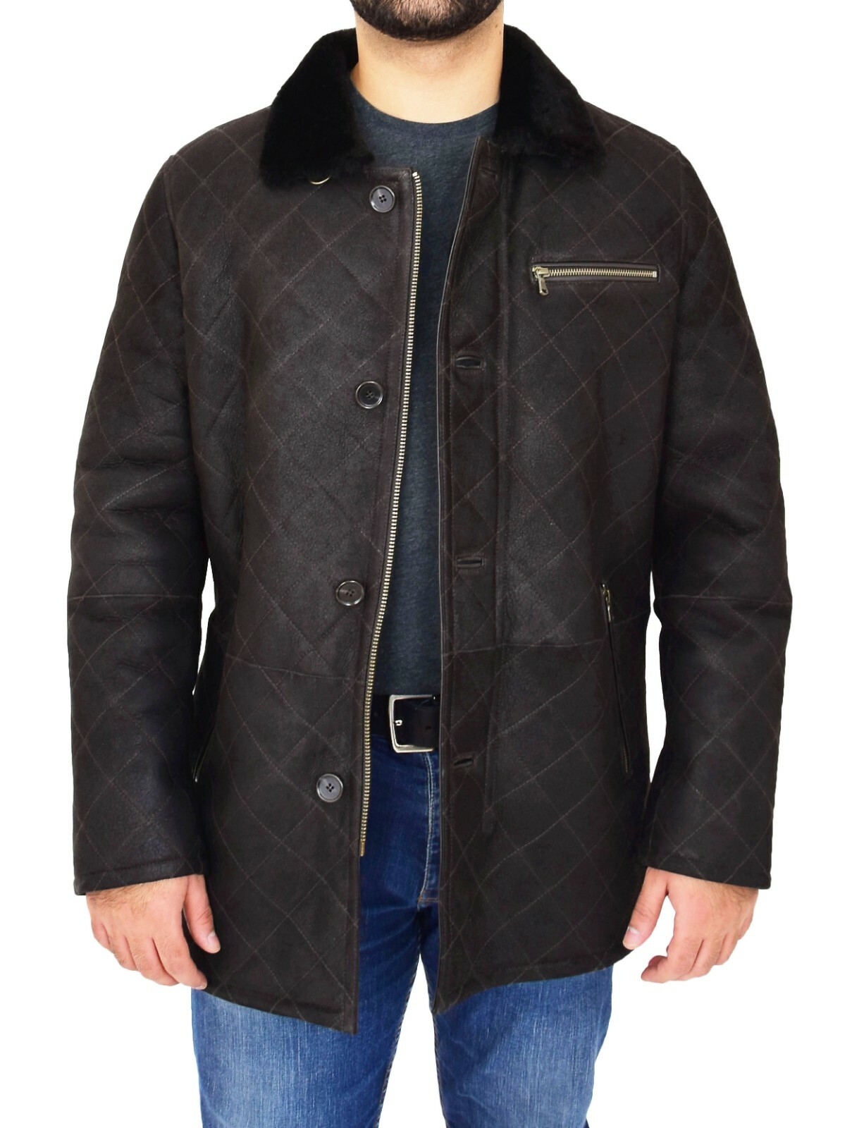 Mens Genuine Sheepskin Jacket Brown Designer Shearling 3/4 Long Quilted Car Coat image 3