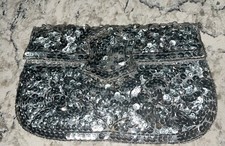 Vintage La Regale Sequin  Bead Clutch Handmade Evening Cocktail Purse Silvery